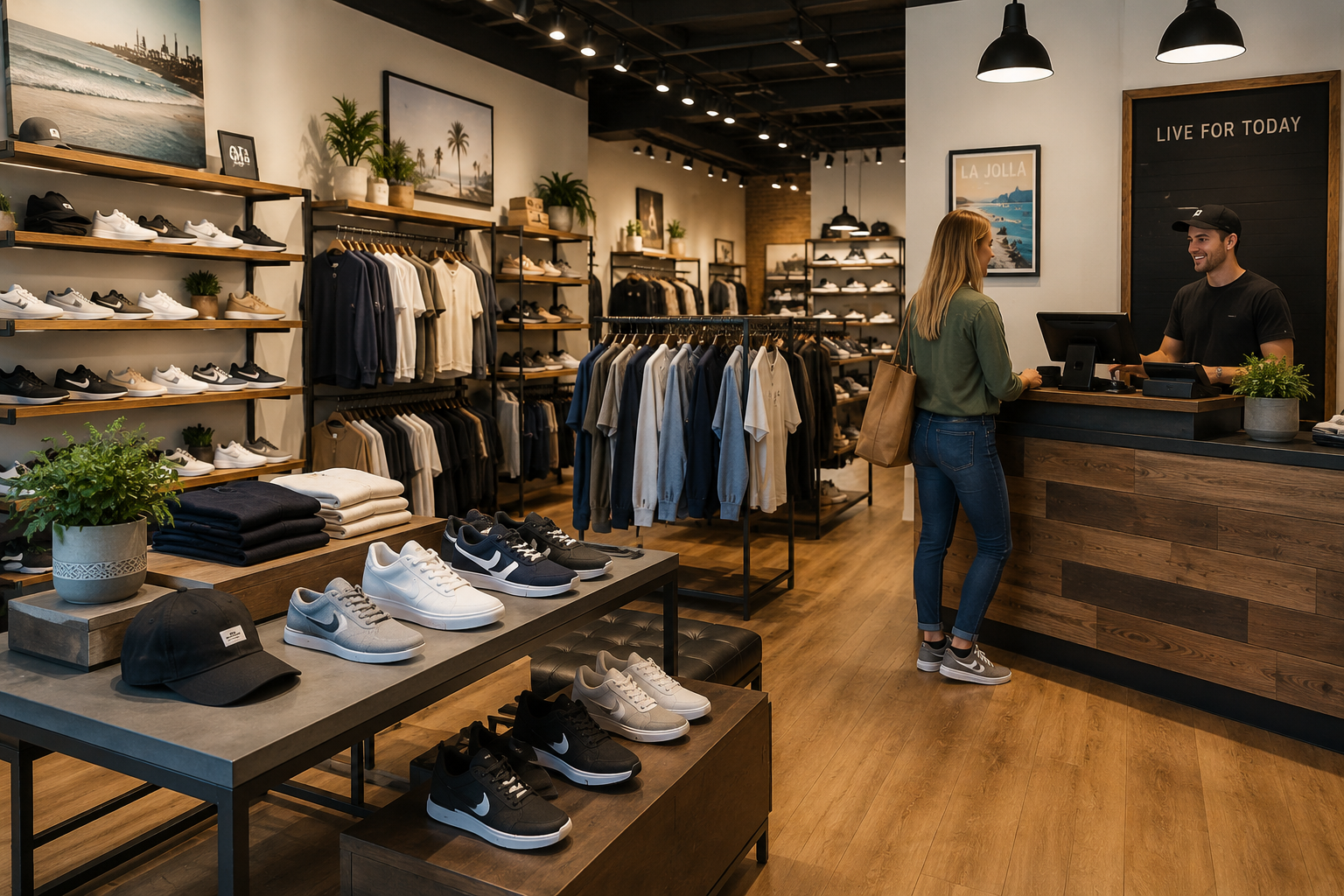 Independent shoe and clothing retail store with sneakers, apparel, and customer at checkout