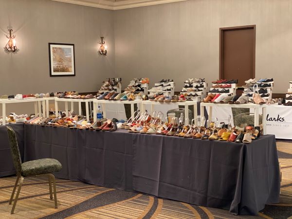 shoes, display on tables trade show