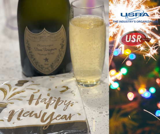 usra, happy new year, HNY Napkins with glass of champagne and bottle, fireworks on the side with USRA & USR logos