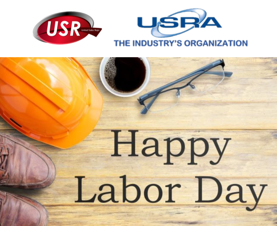 usra & USR logos, Happy labor day shoes and helmet with coffee and glasses on a wooden board