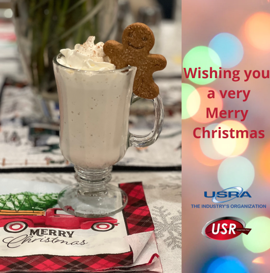 usra, christmas day, Gingerbread milkshake in glass on Xmas napkin. Wishing you a very merry Xmas USRA & USR logos