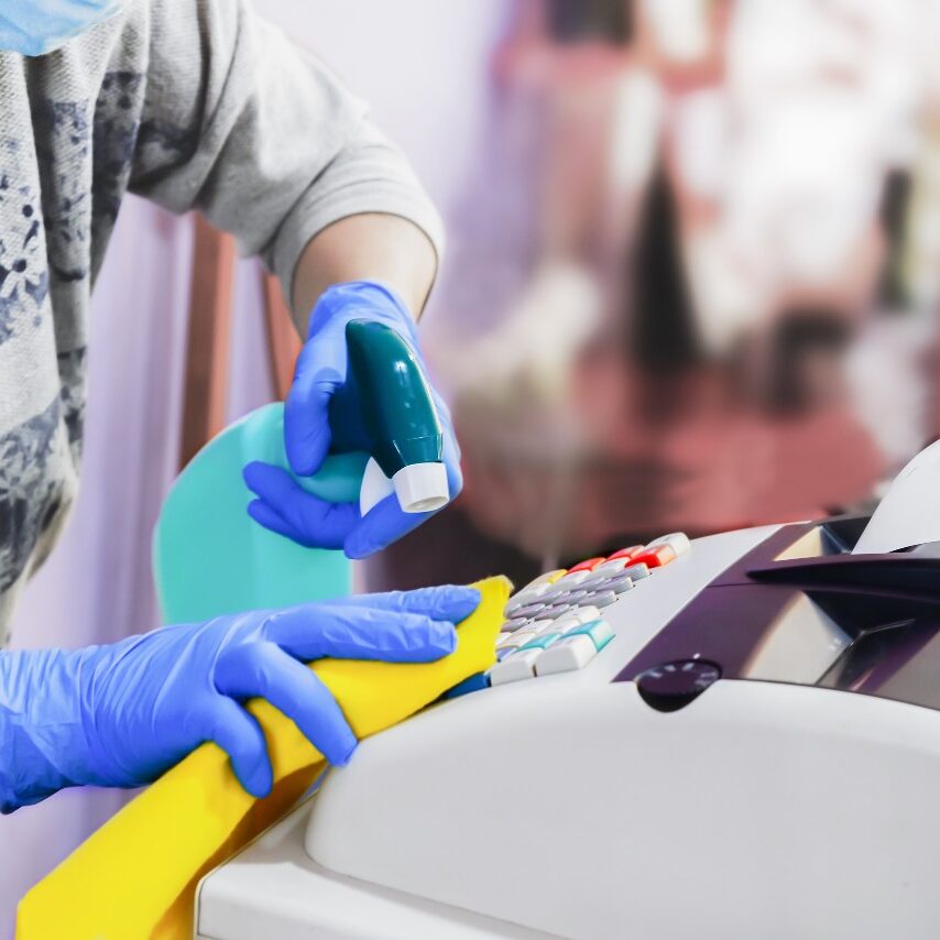 hands disinfecting register wearing yellow rubber gloves