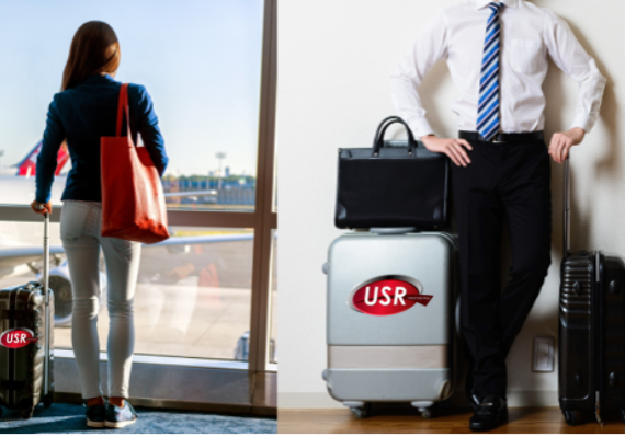 split screen man and women standing with suitcase